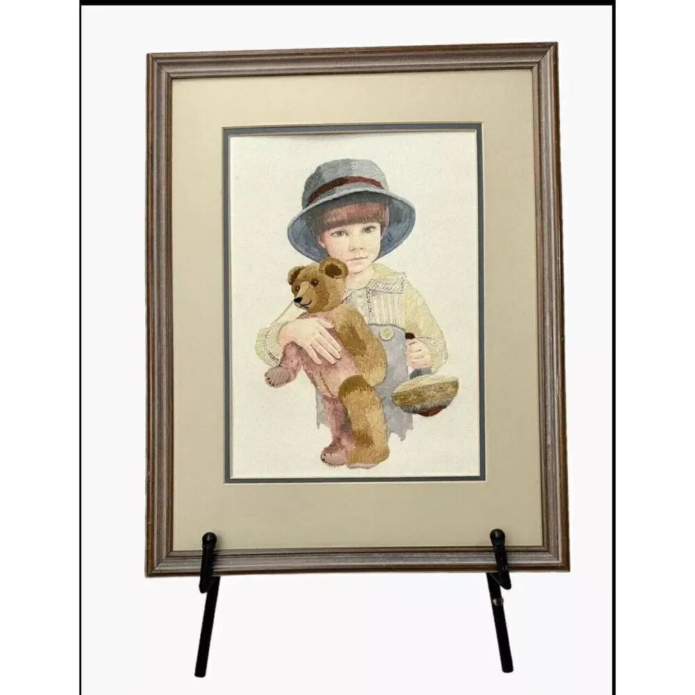 Vintage Jan Hagara Completed Needlepoint Cross Stitch Handmade Framed Little Boy